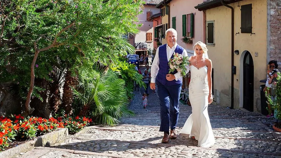 A woman in a altered wedding dress