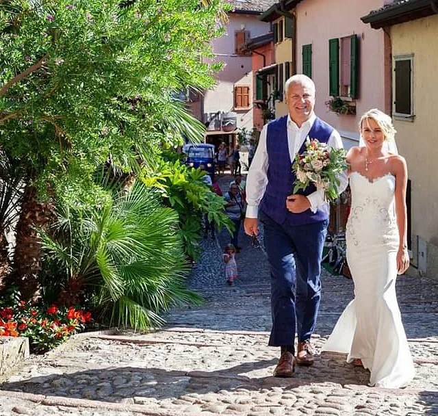 A woman in a altered wedding dress